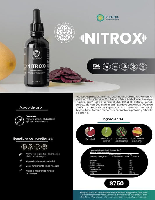 Nitrox | Potenciador de Óxido Nítrico para Músculos y Rendimiento | Plennia MX - Plennia Mexico